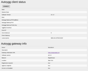 The Autoygg status screen with the Mass Mesh gateway configured, but not connected.