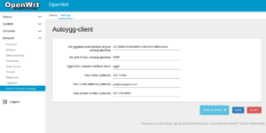 The Autoygg settings screen with the Mass Mesh gateway configured.