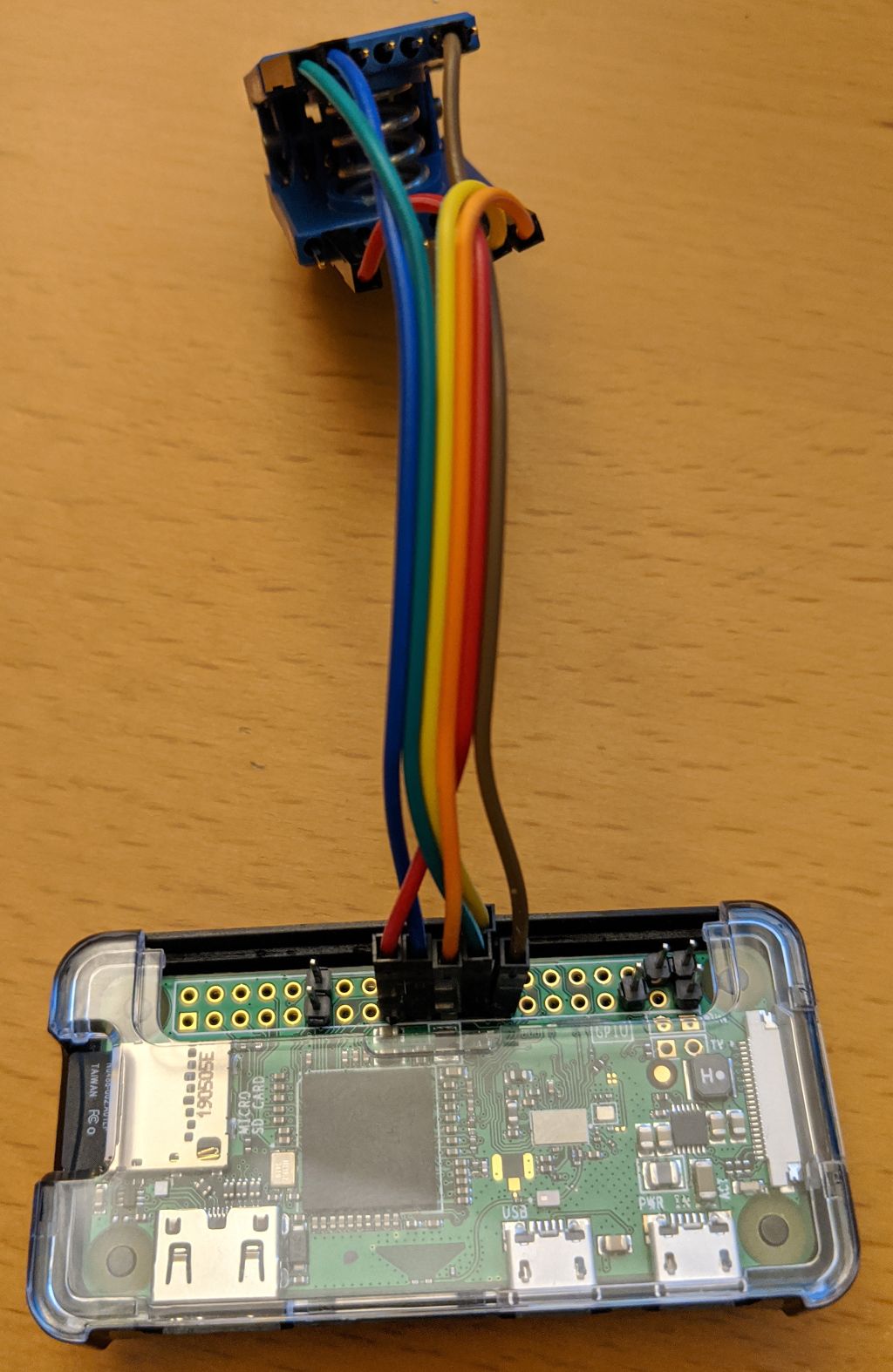A Raspberry Pi Zero W with wires connected to the SPI0 pins