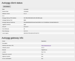 The Autoygg status screen with the Mass Mesh gateway configured and connected.